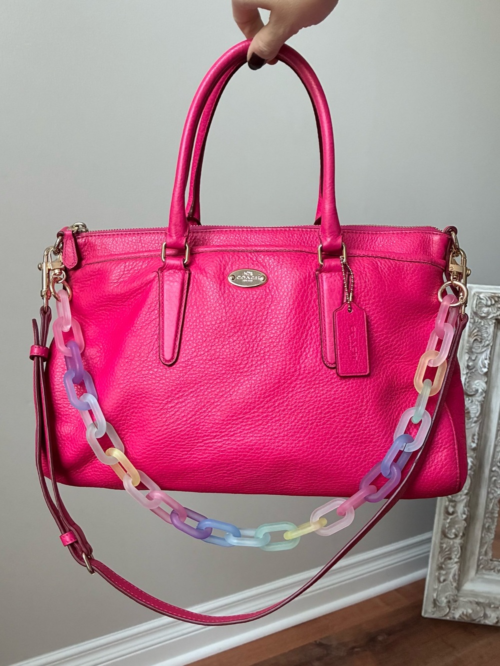 Coach Pink Pebbled Leather Satchel with Rainbow Chain EUC